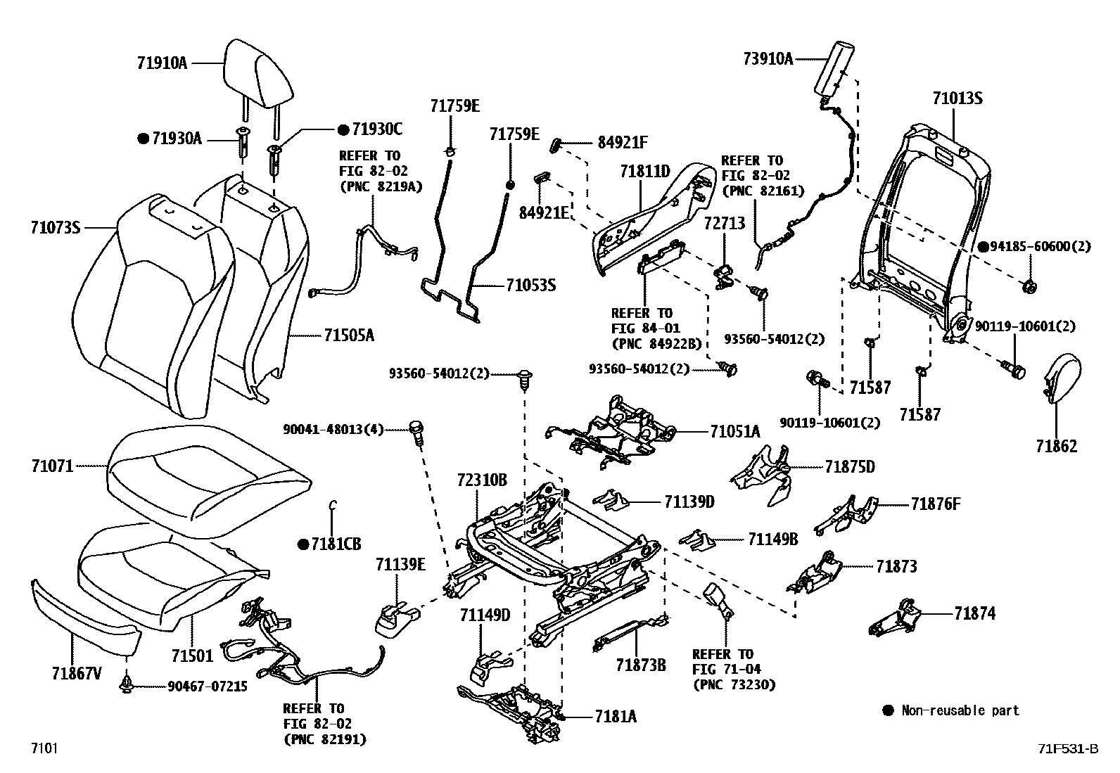 Toyota YARIS 前排座椅和座椅滑轨 EPC diagram — 71F531B