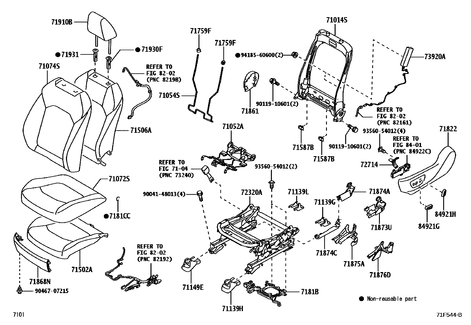 Toyota YARIS 前排座椅和座椅滑轨 EPC diagram — 71F544B