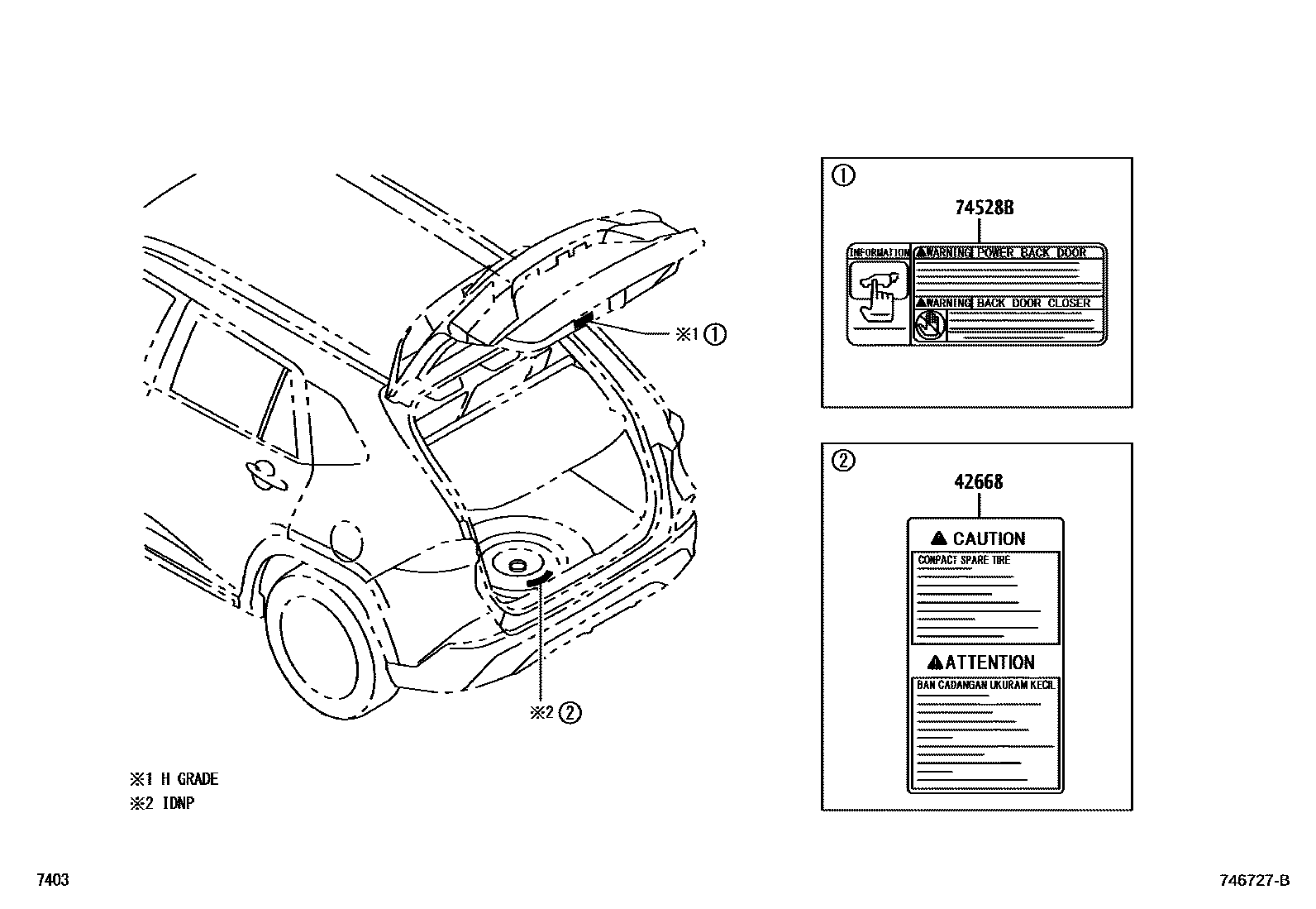 Toyota YARIS 警示铭牌(车外和车内) EPC diagram — 746727B