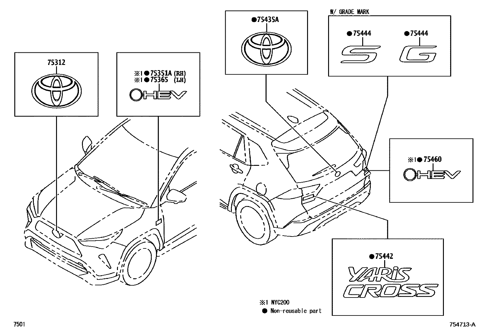 Toyota YARIS 丰田徽标和铭牌(车外和车内) EPC diagram — 754713A