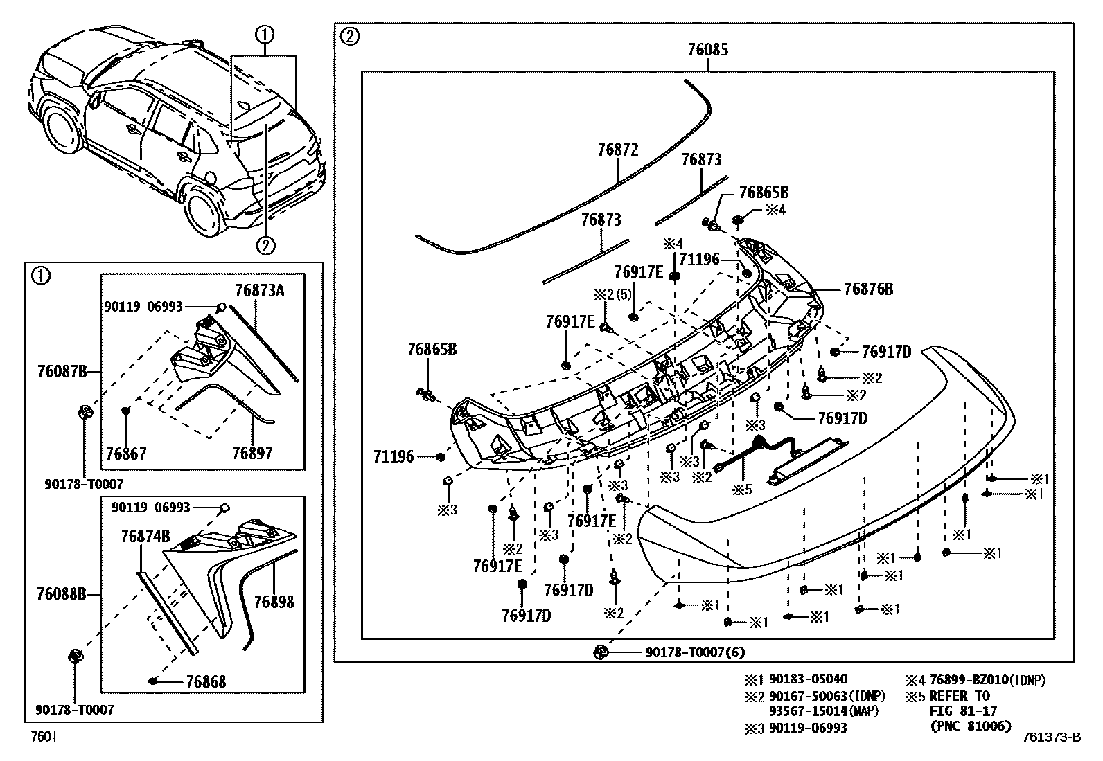 Toyota YARIS 挡泥板和扰流板 EPC diagram — 761373B