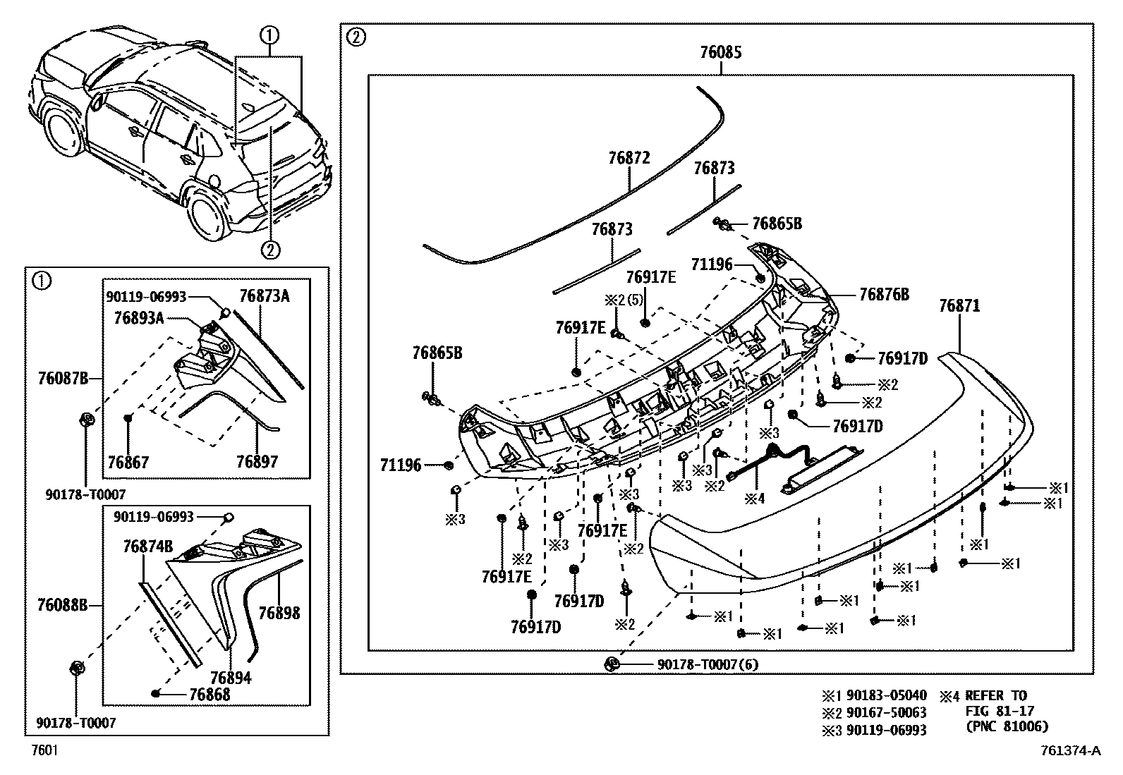Toyota YARIS 挡泥板和扰流板 EPC diagram — 761374A