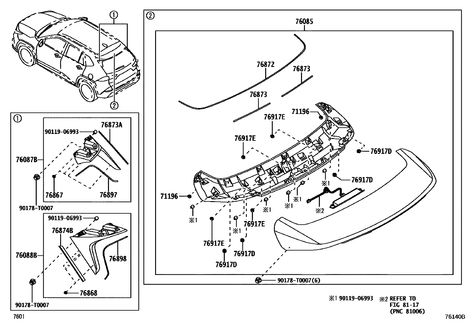 Toyota YARIS 挡泥板和扰流板 EPC diagram — 76140B