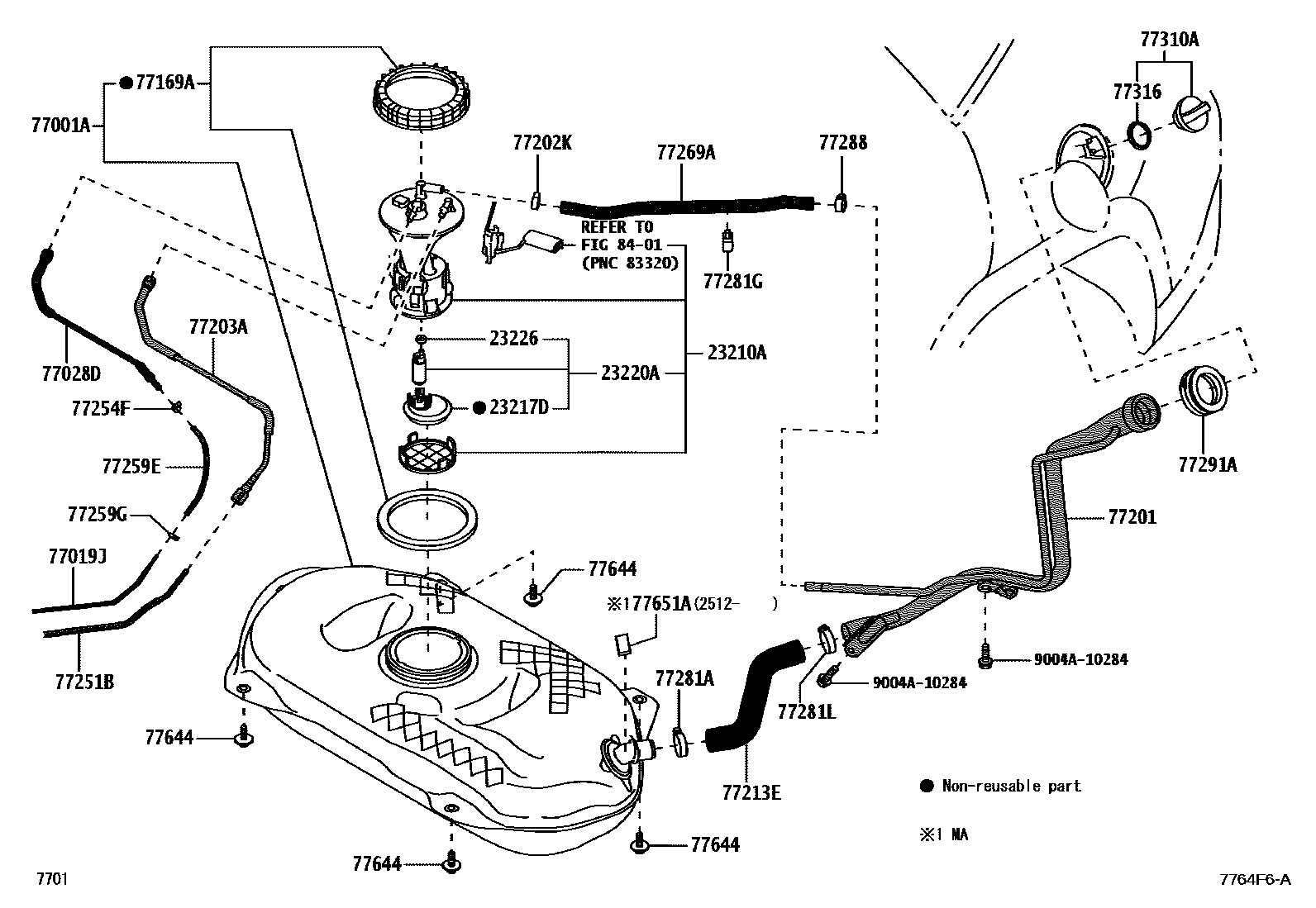 Toyota YARIS 燃油箱和燃油管 EPC diagram — 7764F6A
