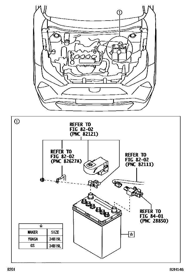 Toyota YARIS 蓄电池和蓄电池电缆 EPC diagram — 82H146