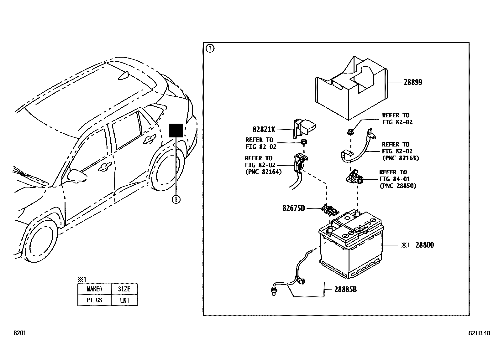 Toyota YARIS 蓄电池和蓄电池电缆 EPC diagram — 82H148