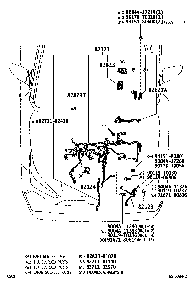 Toyota YARIS 线束和卡夹 EPC diagram — 82H094D