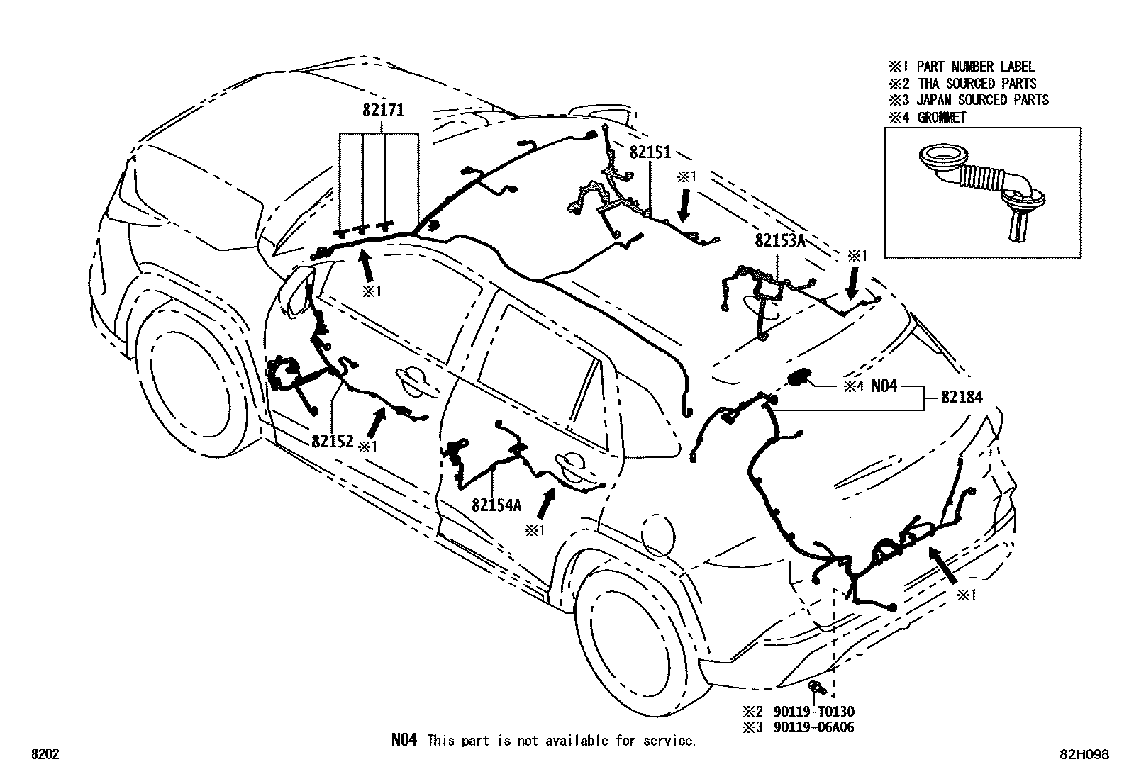Toyota YARIS 线束和卡夹 EPC diagram — 82H098