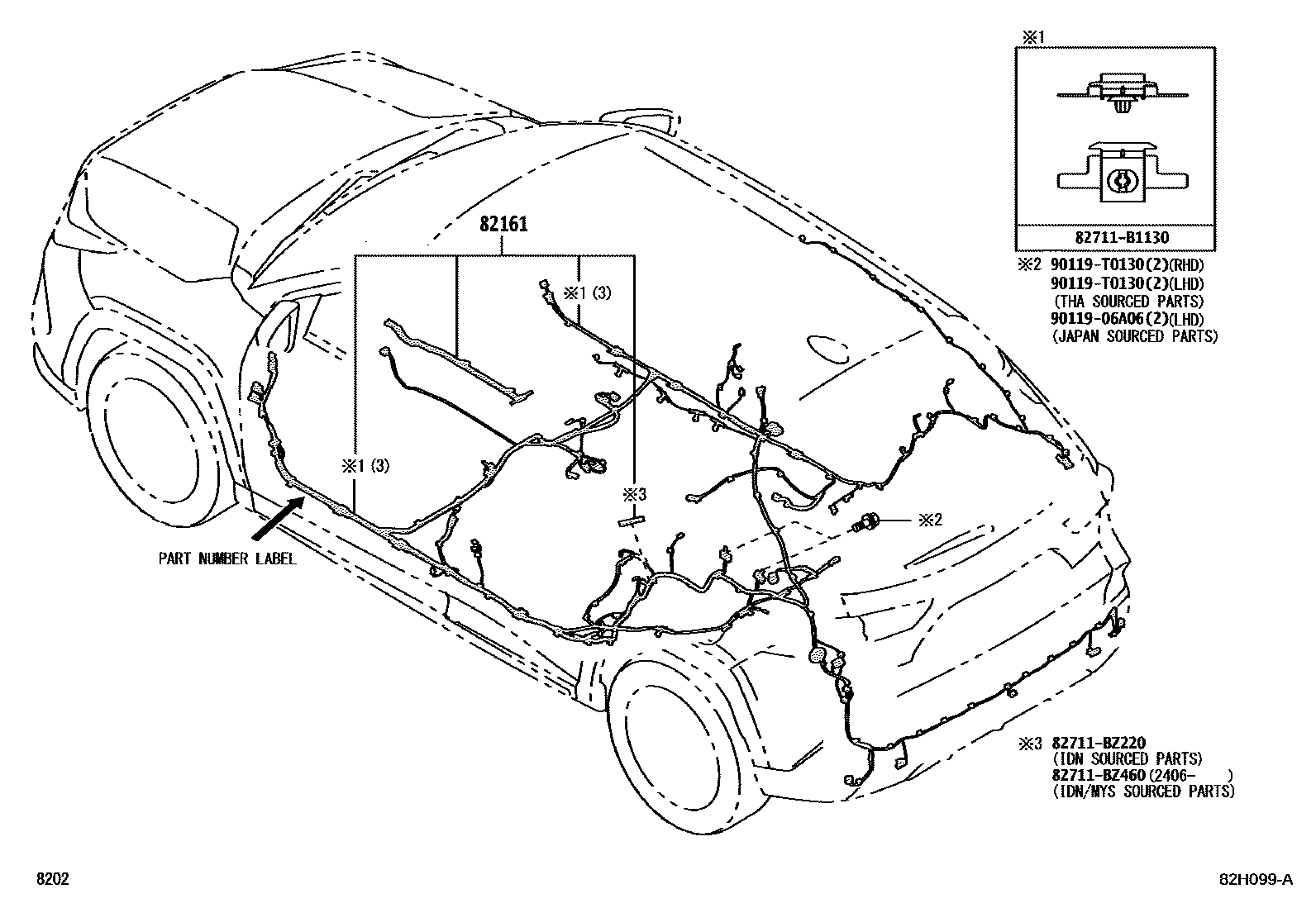 Toyota YARIS 线束和卡夹 EPC diagram — 82H099A