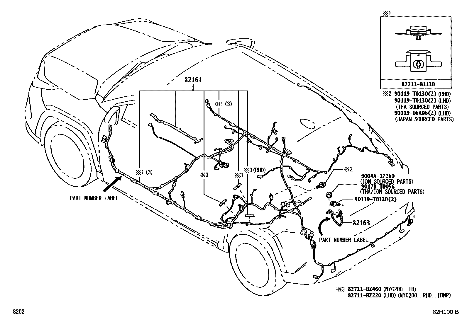 Toyota YARIS 线束和卡夹 EPC diagram — 82H100B