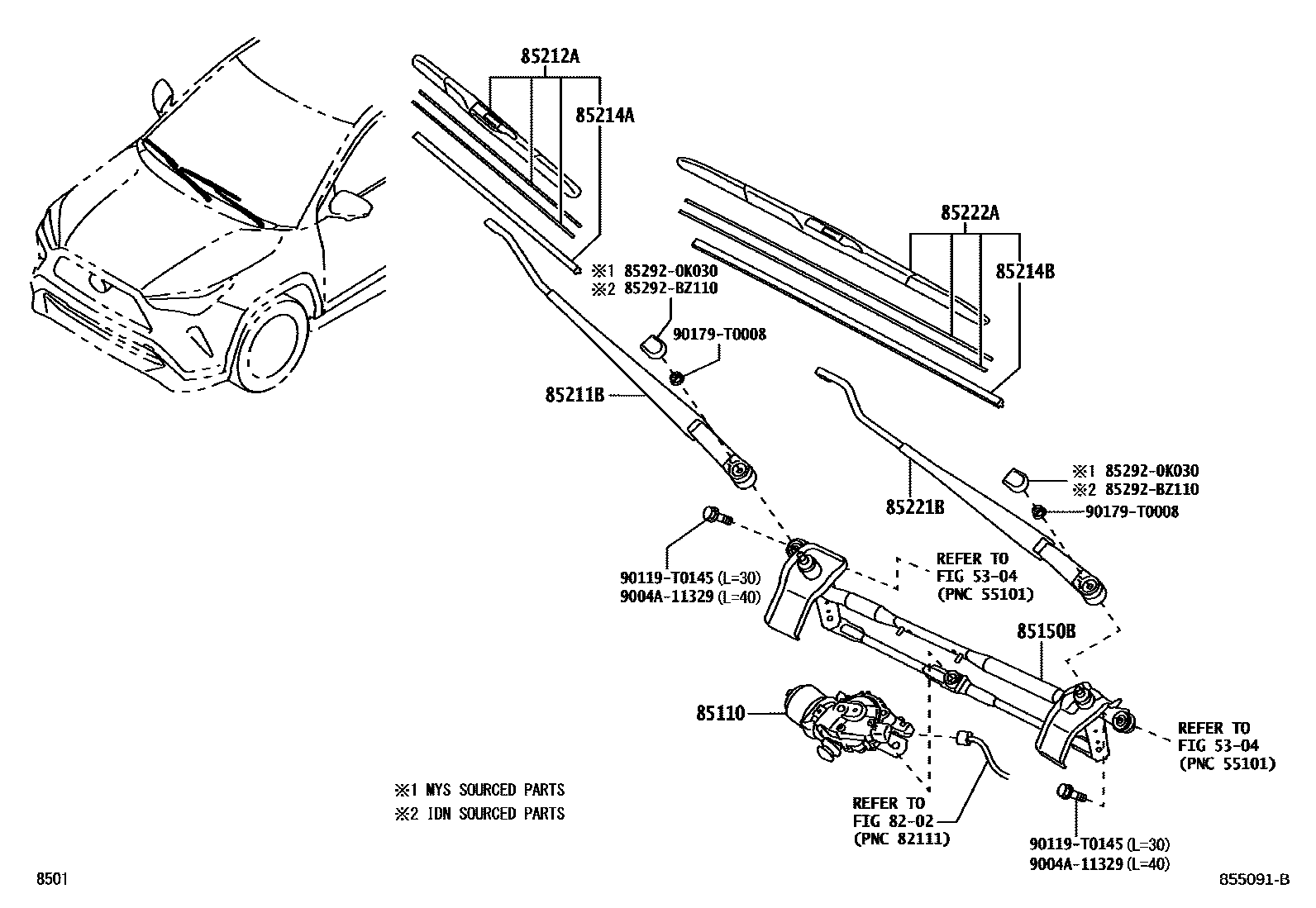 Toyota YARIS 挡风玻璃刮水器 EPC diagram — 855091B