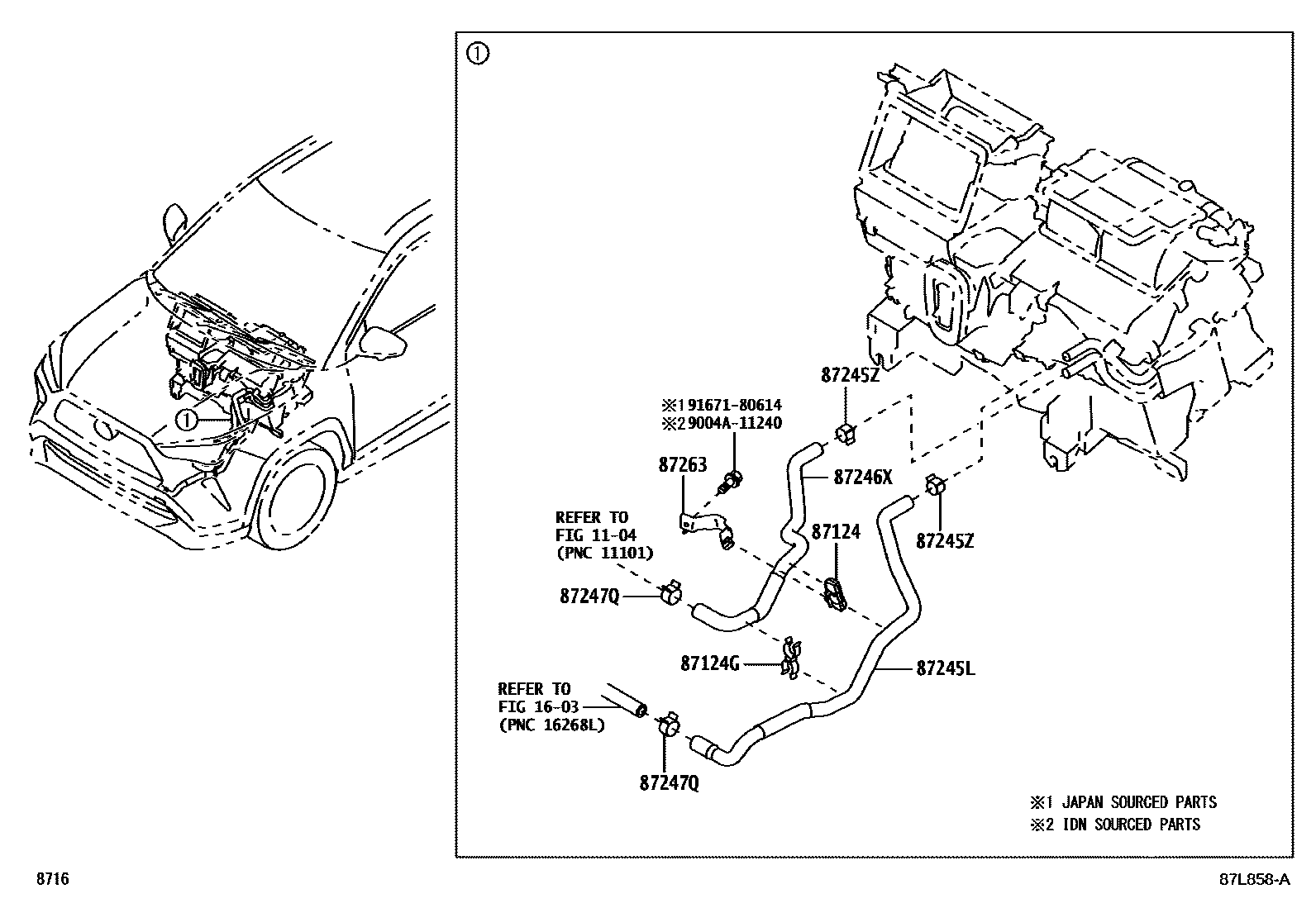 Toyota YARIS 暖风和空调系统 - 水管 EPC diagram — 87L858A