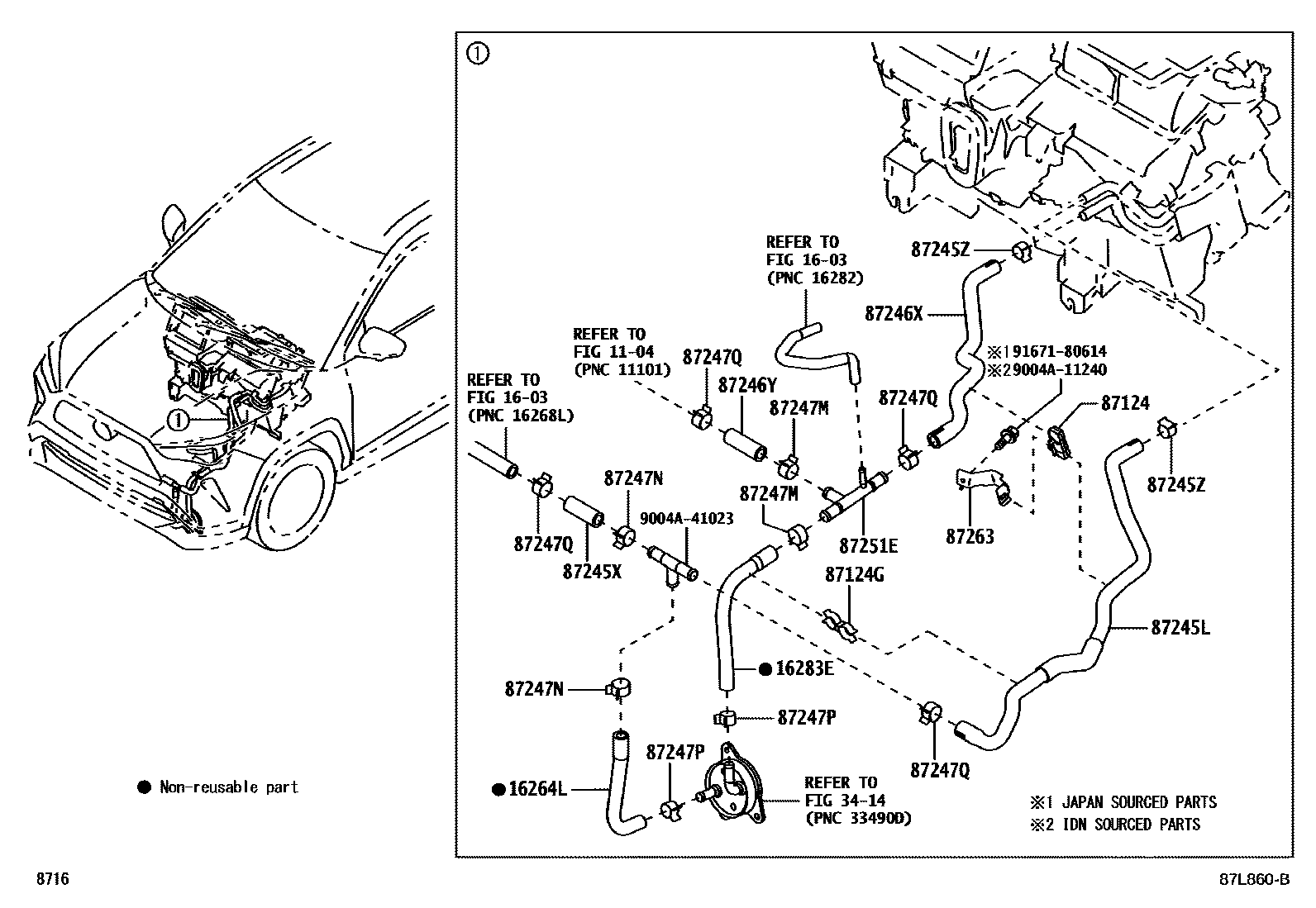Toyota YARIS 暖风和空调系统 - 水管 EPC diagram — 87L860B