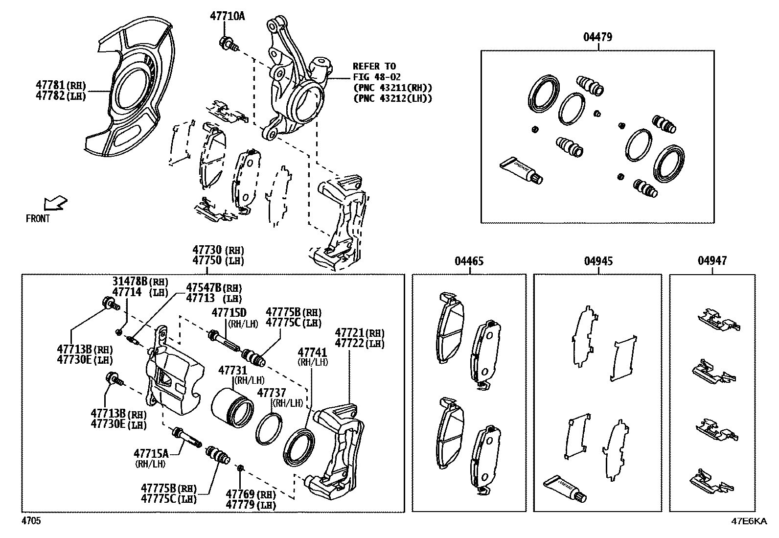 Toyota YARIS 前盘式制动器卡钳和防尘罩 EPC diagram — 47E6KA