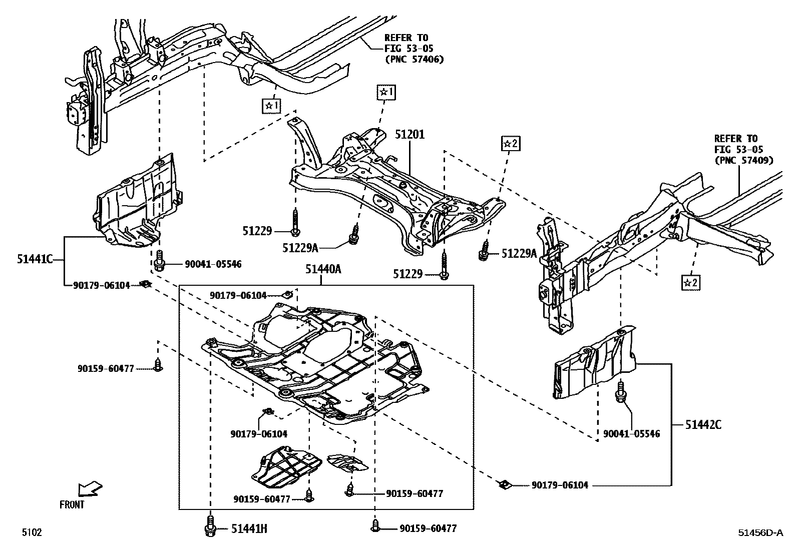 Toyota YARIS 悬架横梁和发动机底罩 EPC diagram — 51456DA