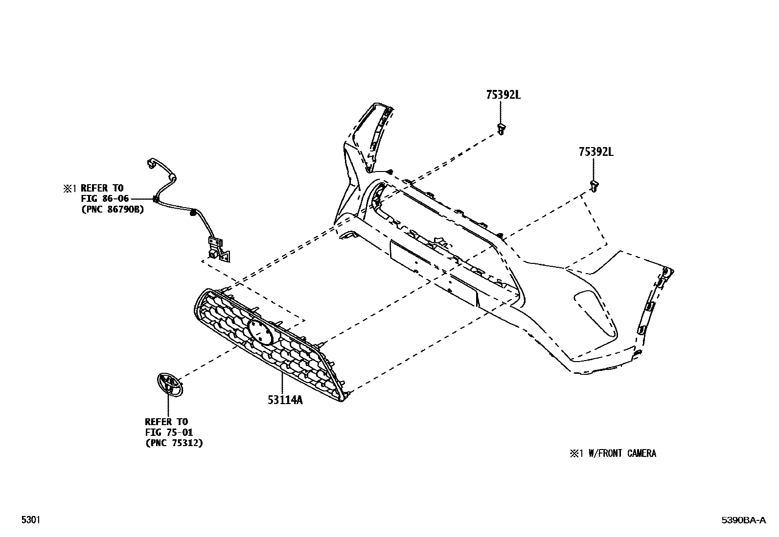 Toyota YARIS radiator grille EPC diagram — 5390BAA