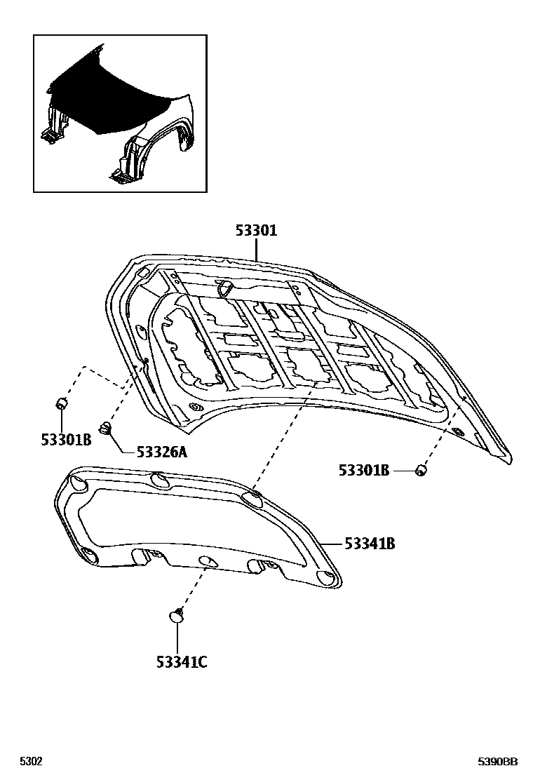 Toyota YARIS 发动机盖和前翼子板 EPC diagram — 5390BB