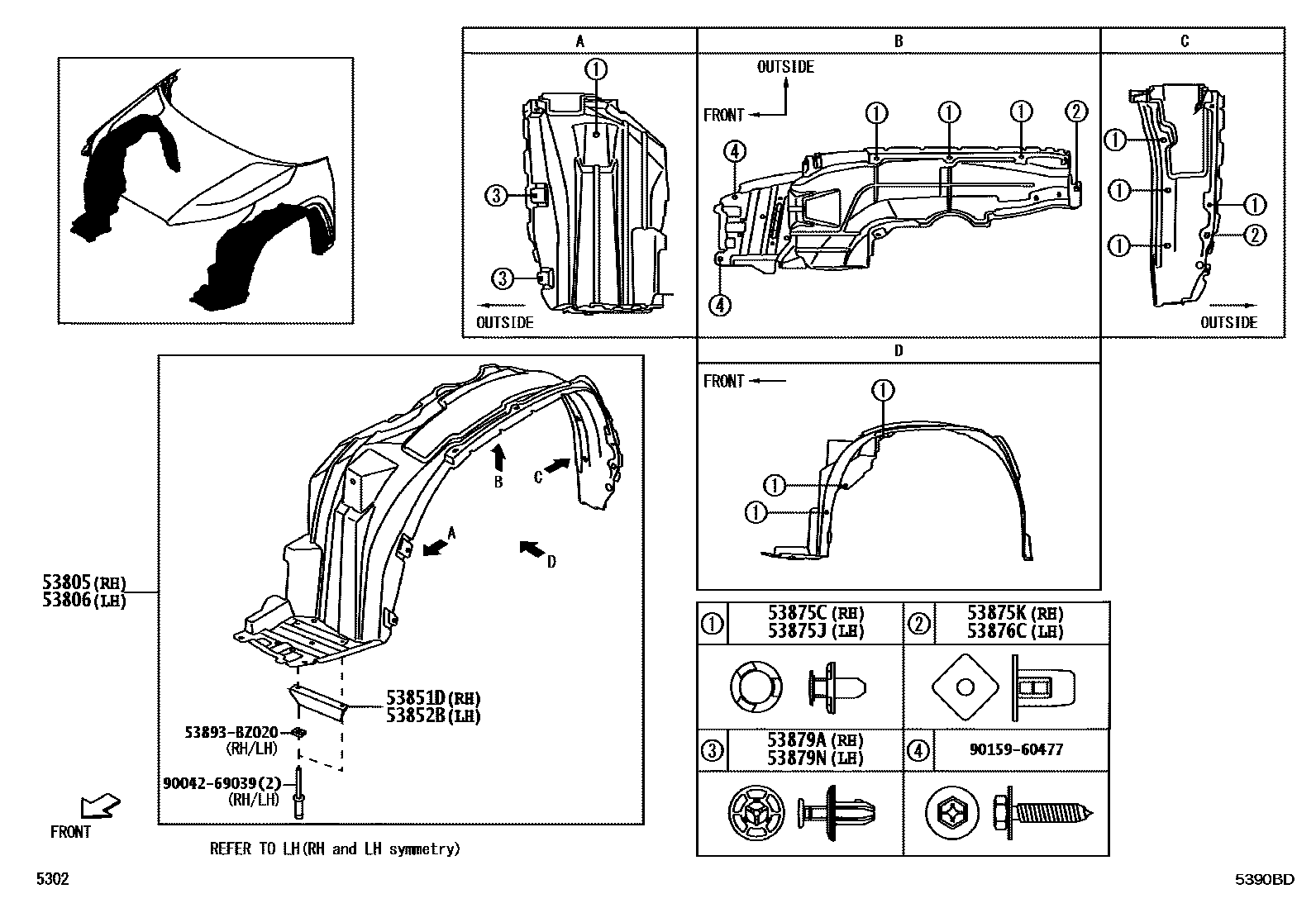 Toyota YARIS 发动机盖和前翼子板 EPC diagram — 5390BD