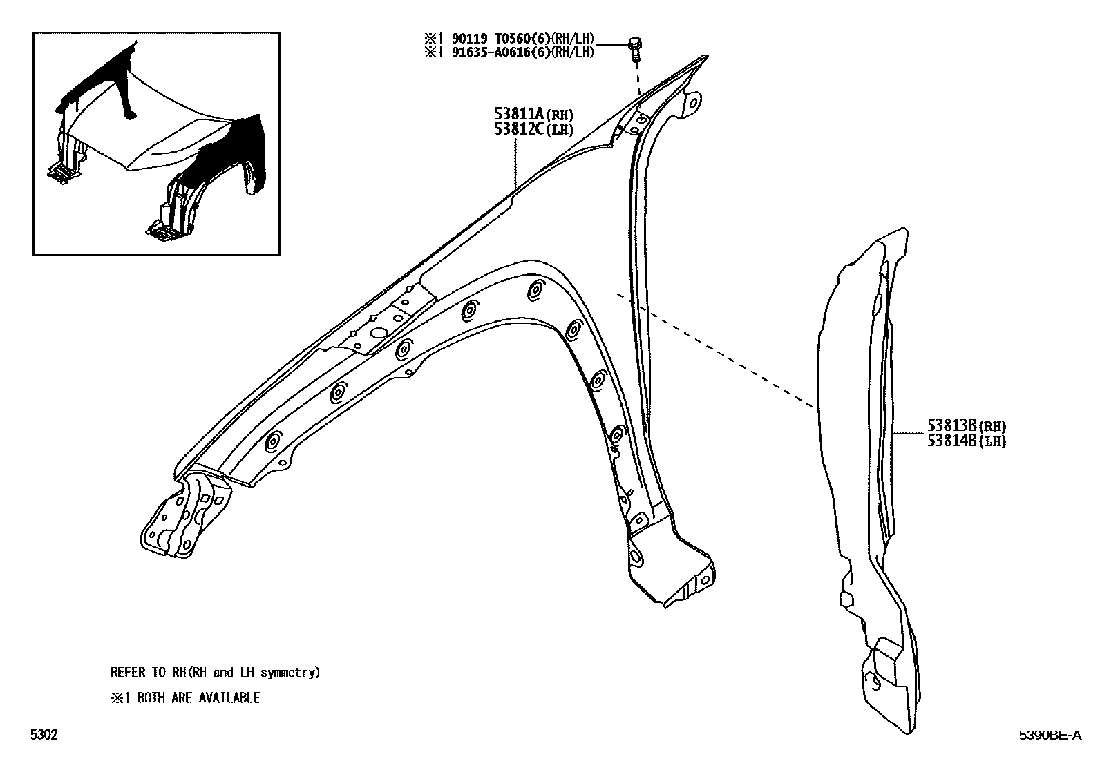 Toyota YARIS 发动机盖和前翼子板 EPC diagram — 5390BEA