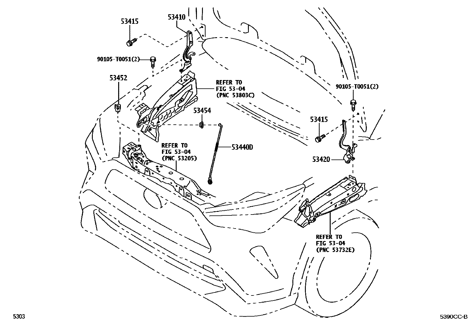 Toyota YARIS 发动机盖锁和铰链 EPC diagram — 5390CCB
