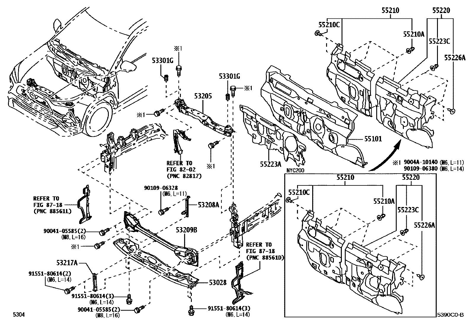 Toyota YARIS 前翼子板挡泥板和前围板 EPC diagram — 5390C0B