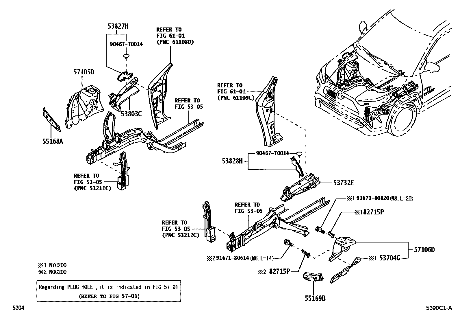 Toyota YARIS 前翼子板挡泥板和前围板 EPC diagram — 5390C1A