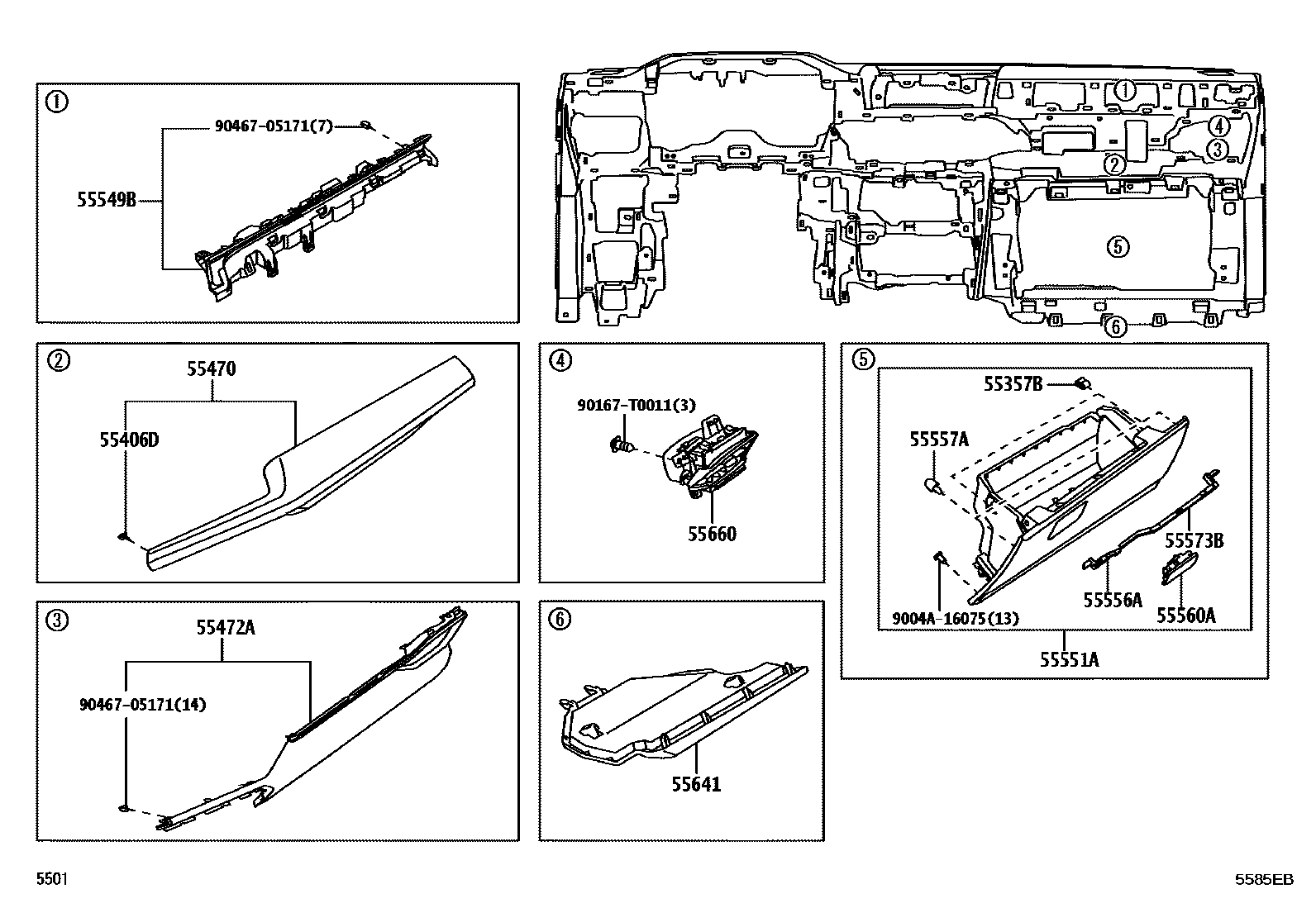Toyota YARIS 仪表板和手套箱 EPC diagram — 5585EB