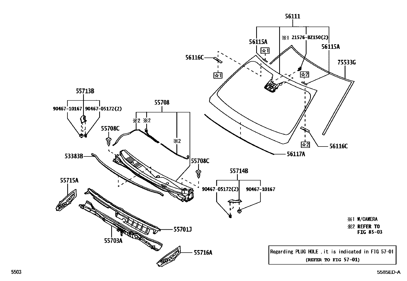 Toyota YARIS 前围板和挡风玻璃 EPC diagram — 5585EDA