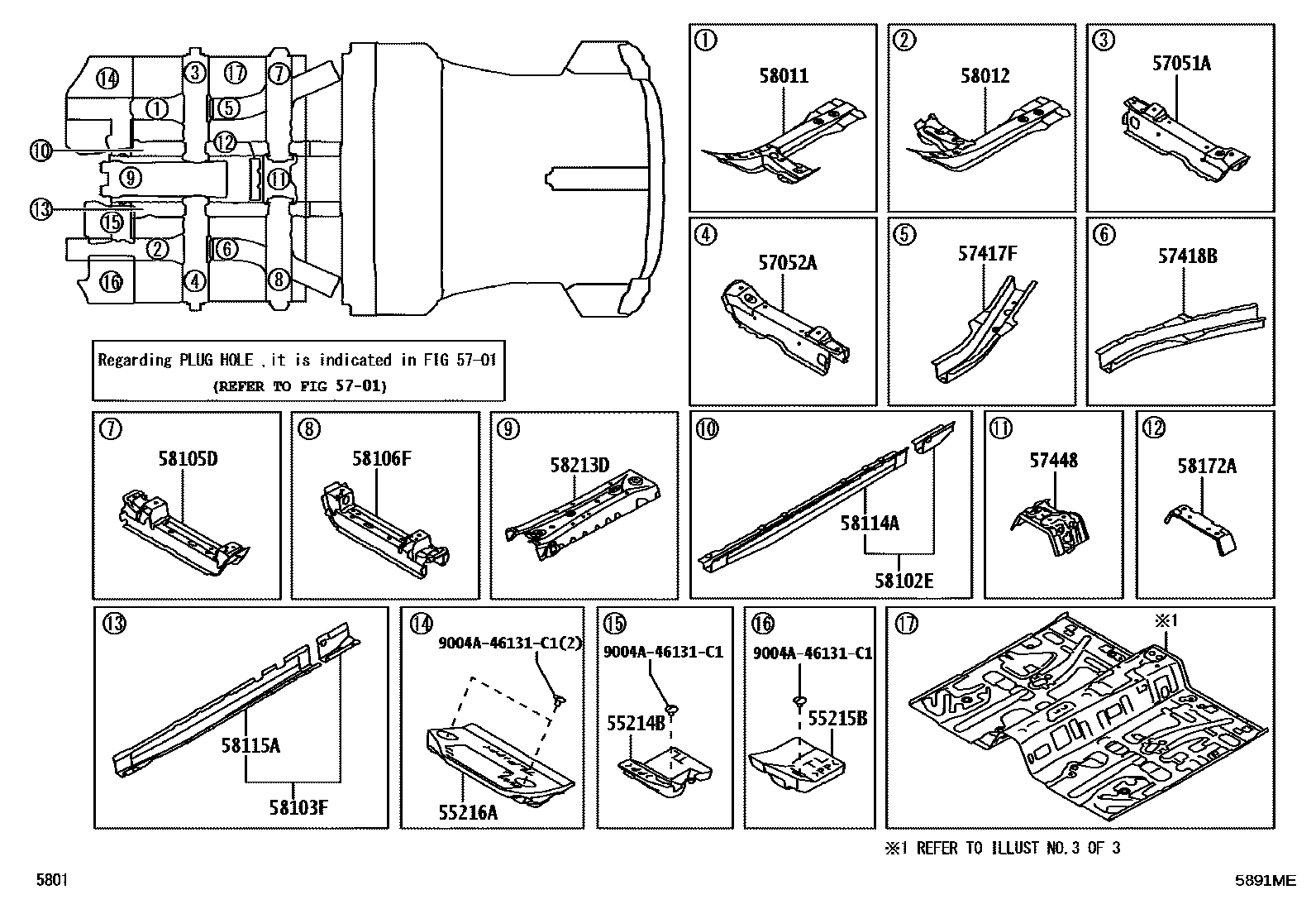 Toyota YARIS 浅盘形地板和车身下背板 EPC diagram — 5891ME