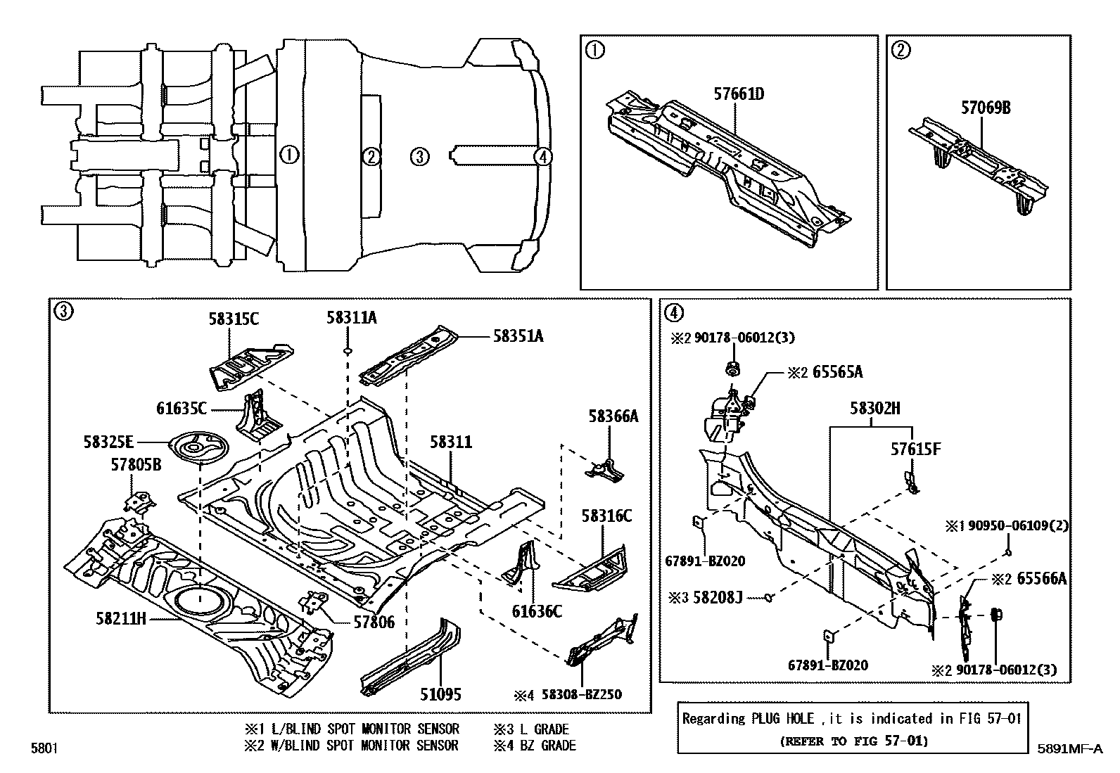 Toyota YARIS 浅盘形地板和车身下背板 EPC diagram — 5891MFA