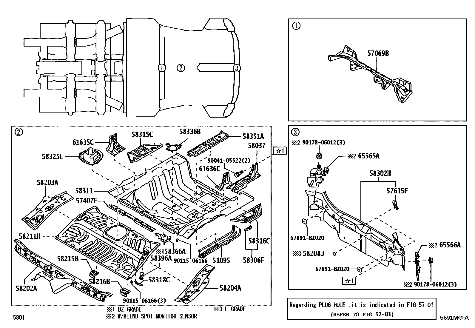 Toyota YARIS 浅盘形地板和车身下背板 EPC diagram — 5891MGA