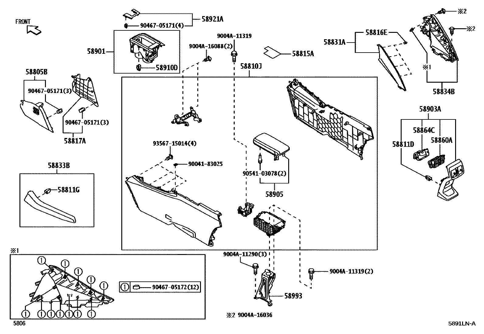 Toyota YARIS 中央扶手箱和支架 EPC diagram — 5891LNA