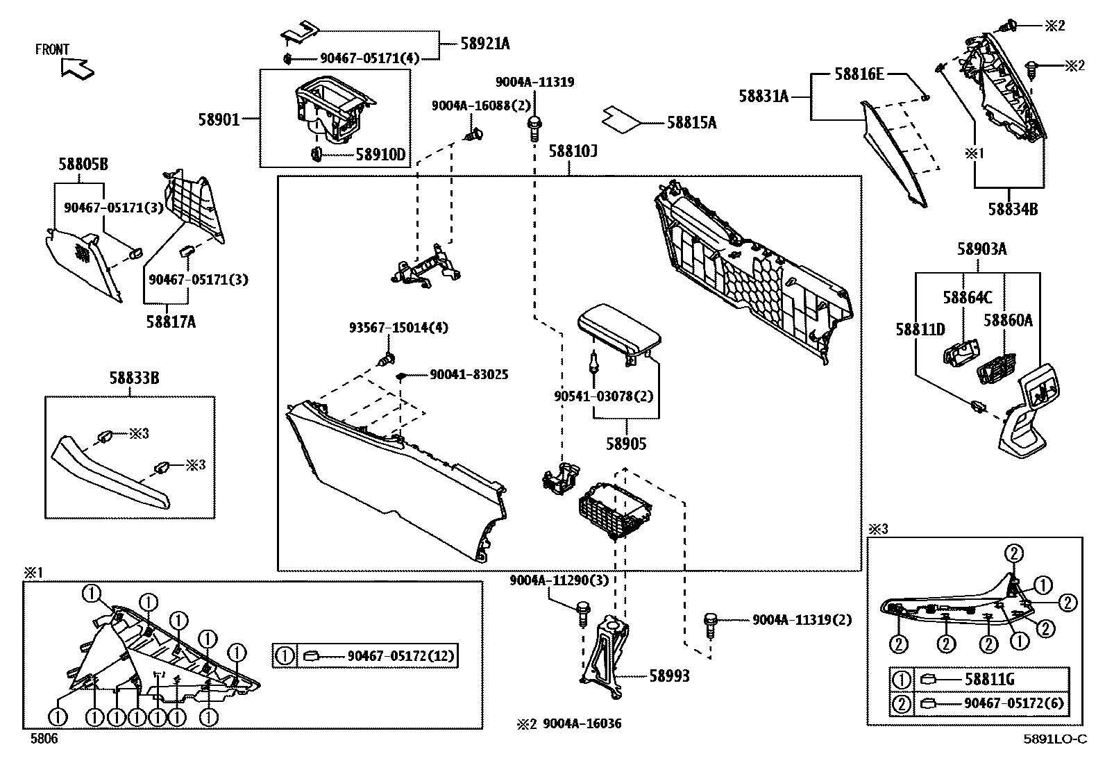 Toyota YARIS 中央扶手箱和支架 EPC diagram — 5891LOC
