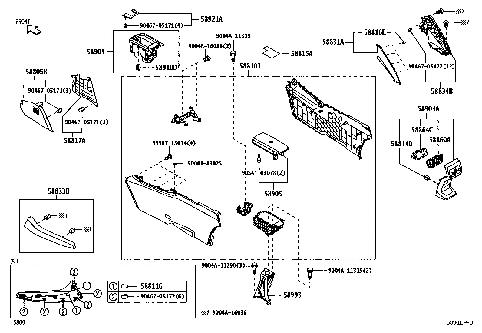 Toyota YARIS 中央扶手箱和支架 EPC diagram — 5891LPB