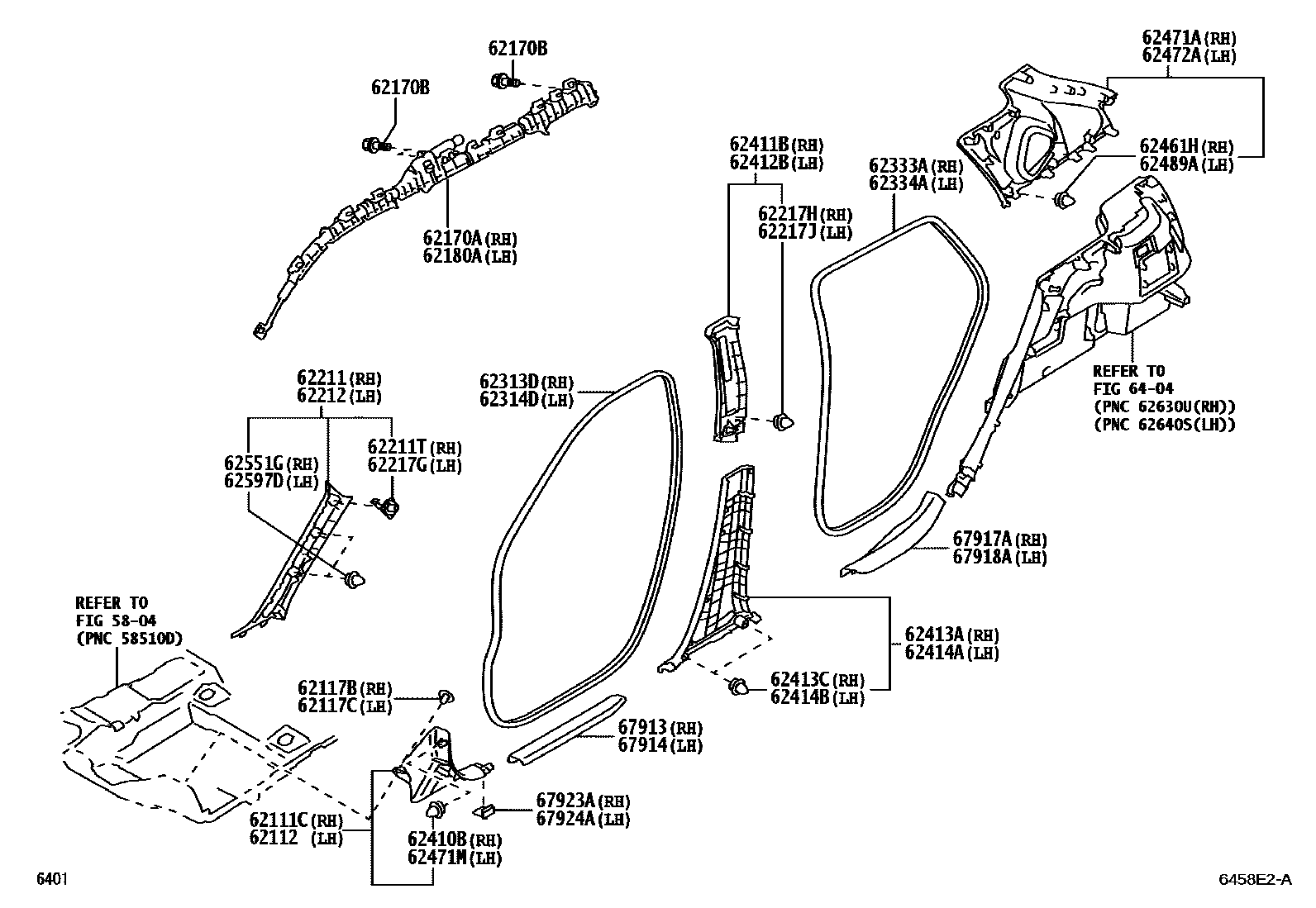 Toyota YARIS 内饰板和车门防水胶条 EPC diagram — 6458E2A