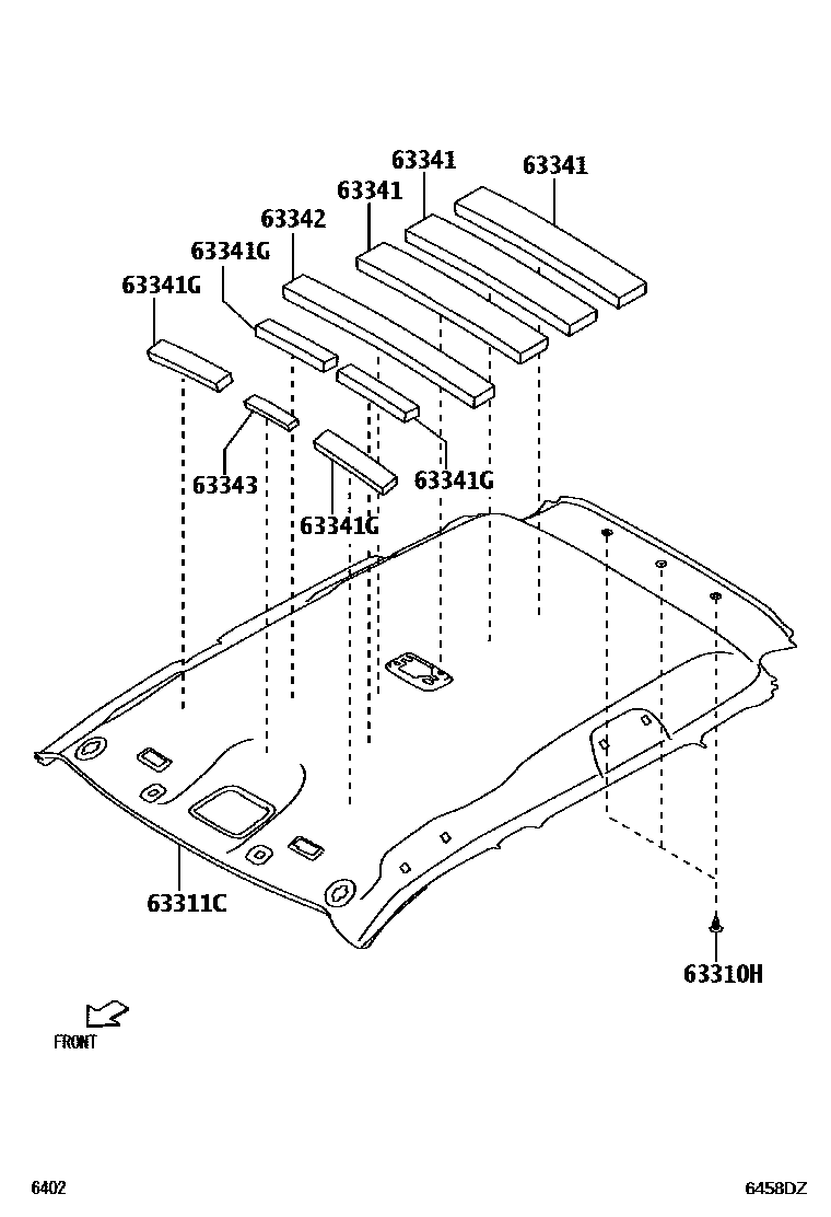 Toyota YARIS 车顶内衬和消声垫 EPC diagram — 6458DZ