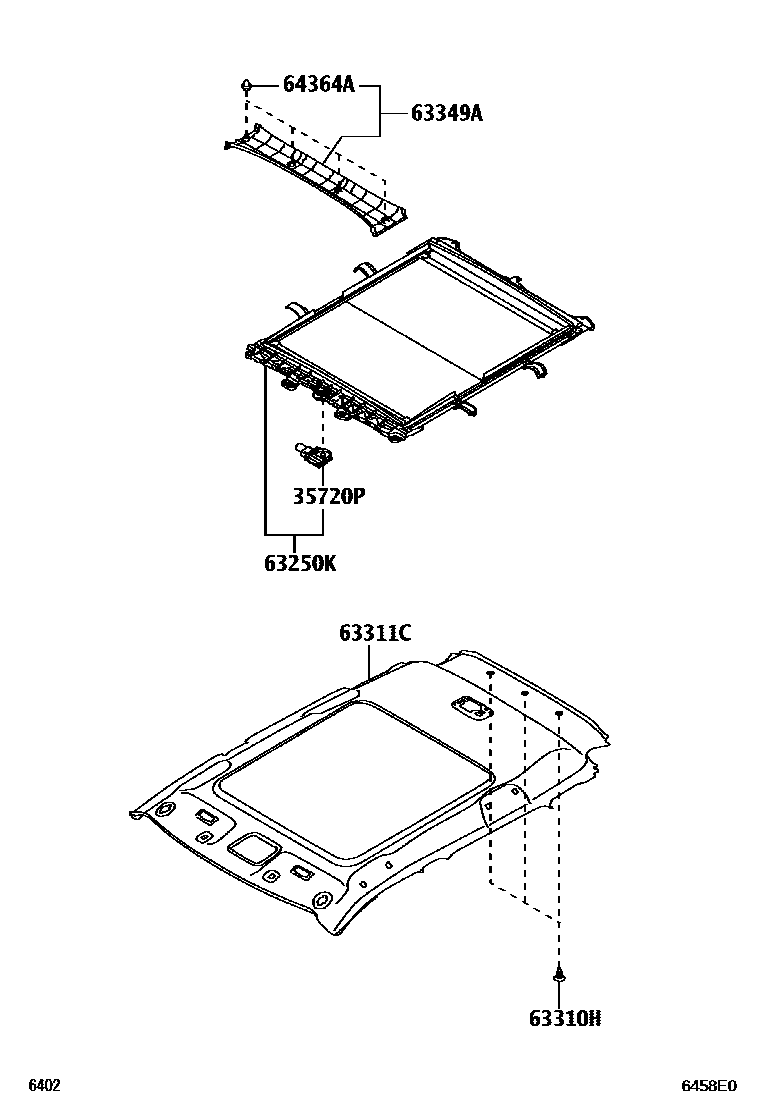 Toyota YARIS 车顶内衬和消声垫 EPC diagram — 6458E0