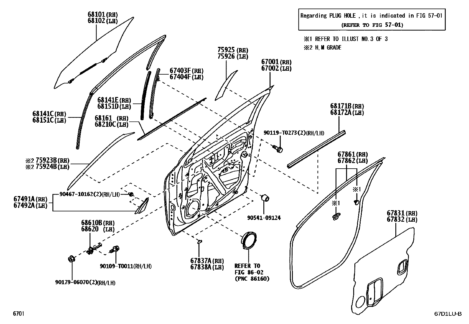 Toyota YARIS 前门板和前门玻璃 EPC diagram — 67D1LUB