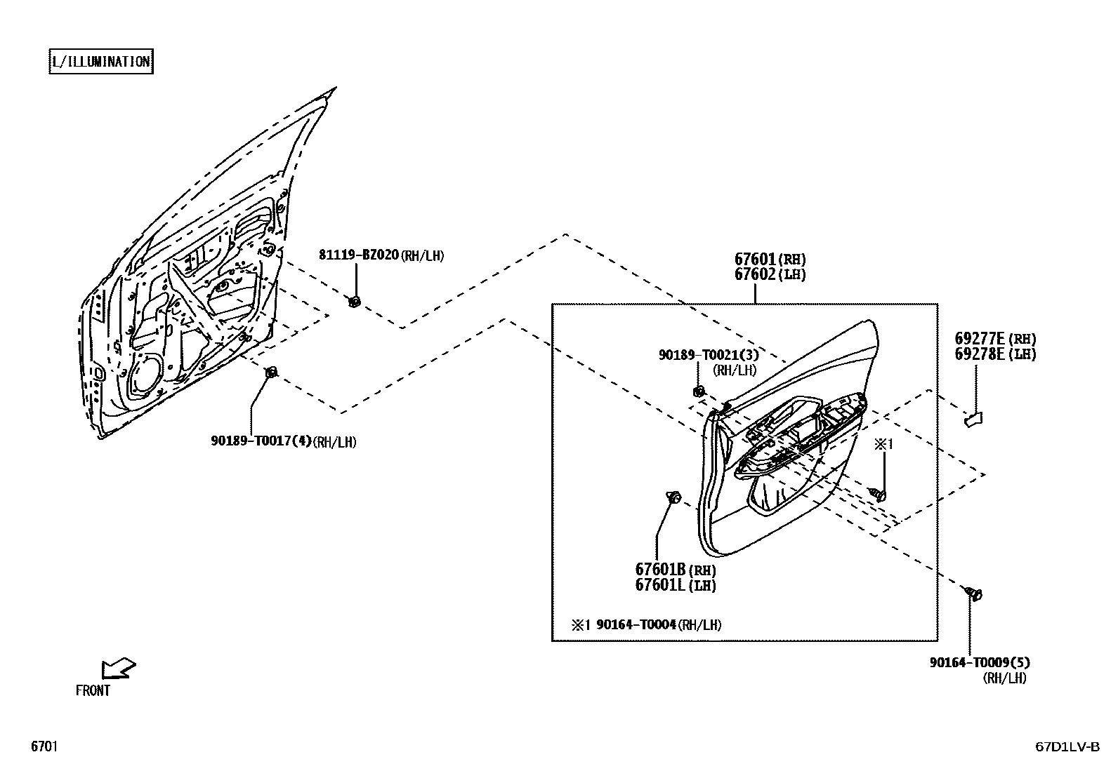 Toyota YARIS 前门板和前门玻璃 EPC diagram — 67D1LVB