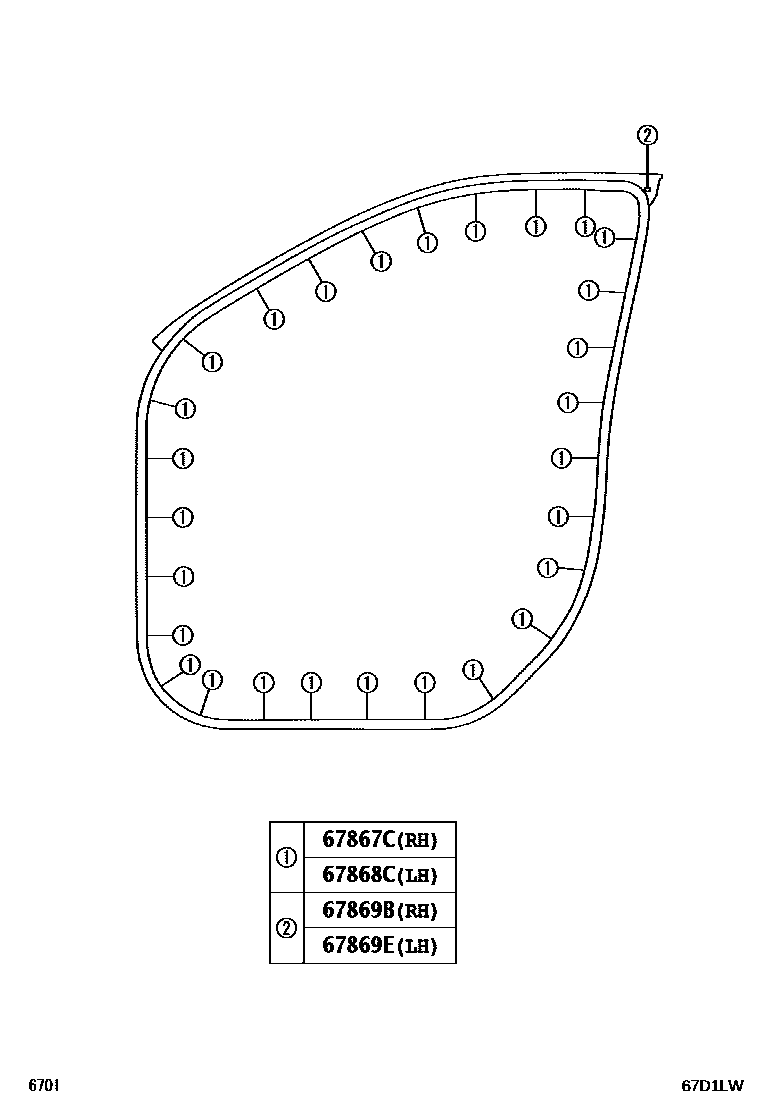 Toyota YARIS 前门板和前门玻璃 EPC diagram — 67D1LW