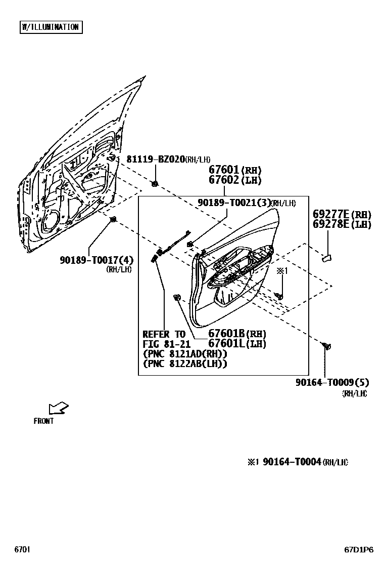 Toyota YARIS 前门板和前门玻璃 EPC diagram — 67D1P6