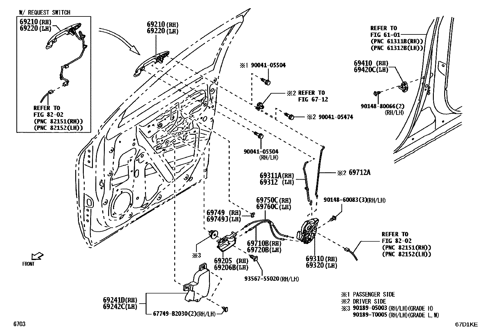 Toyota YARIS 前门锁和车门把手 EPC diagram — 67D1KE