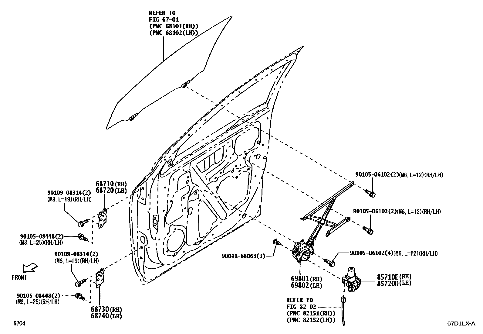 Toyota YARIS 前门车窗升降器和合页 EPC diagram — 67D1LXA