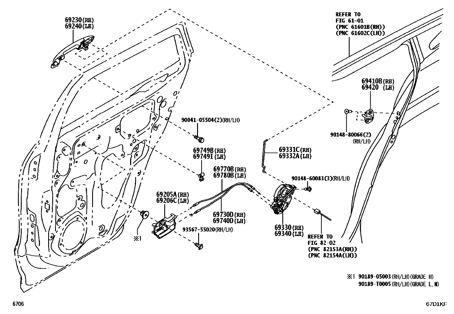 Toyota YARIS 后门锁和后门把手 EPC diagram — 67D1KF