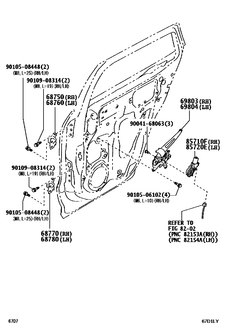 Toyota YARIS 后门车窗升降器和合页 EPC diagram — 67D1LY
