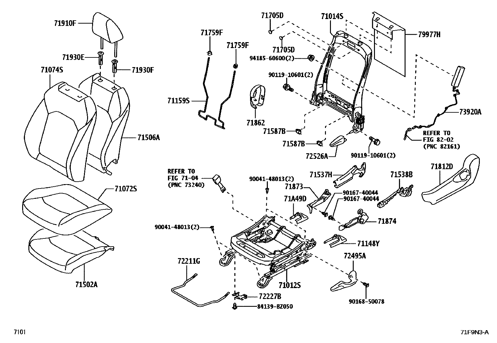 Toyota YARIS 前排座椅和座椅滑轨 EPC diagram — 71F9N3A