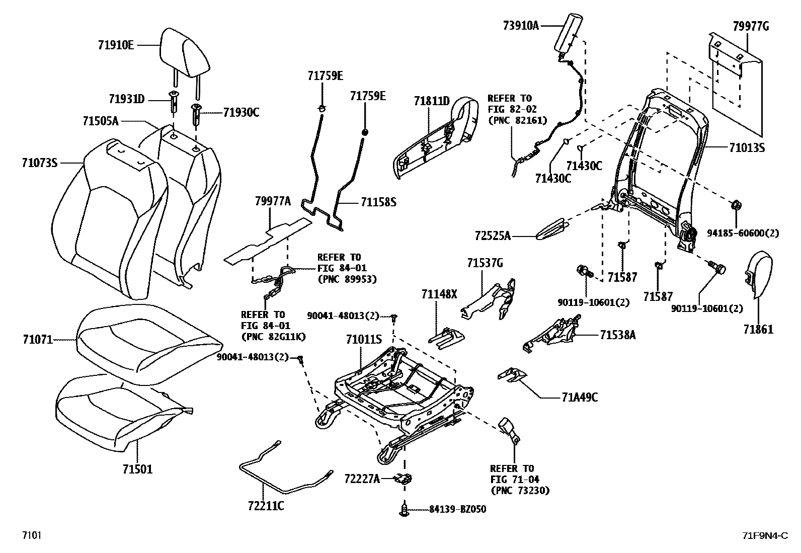 Toyota YARIS 前排座椅和座椅滑轨 EPC diagram — 71F9N4C