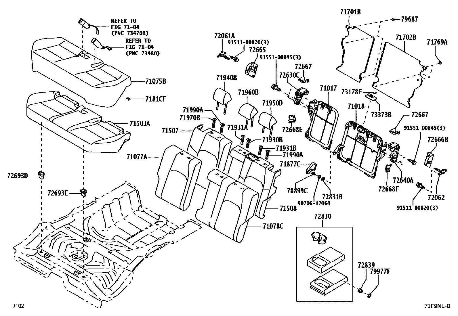 Toyota YARIS 后排座椅和座椅滑轨 EPC diagram — 71F9NLB