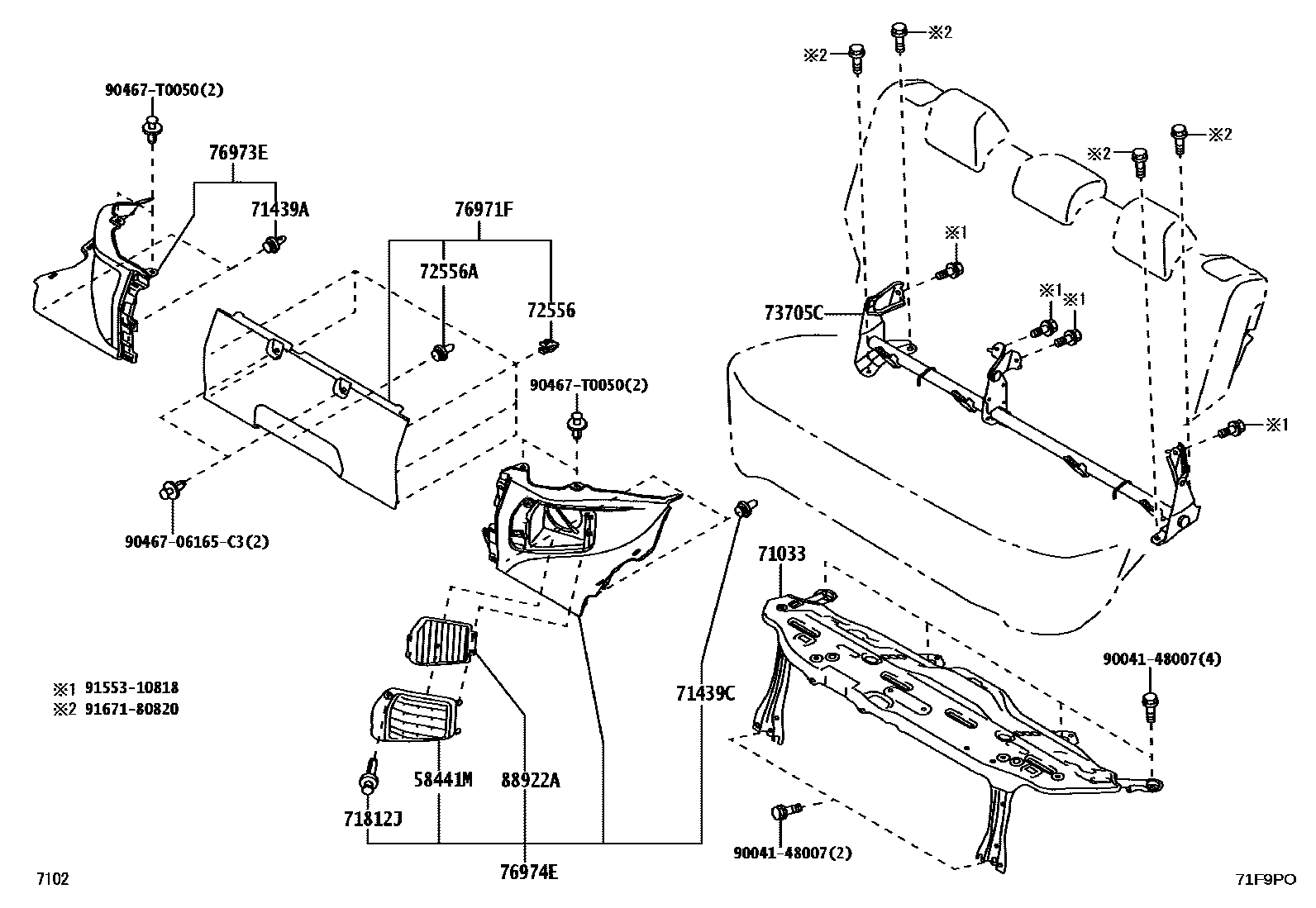 Toyota YARIS 后排座椅和座椅滑轨 EPC diagram — 71F9PO