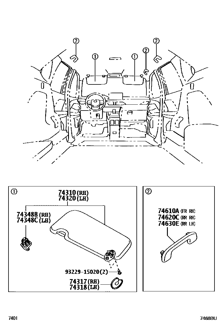 Toyota YARIS 扶手和遮阳板 EPC diagram — 7468BU